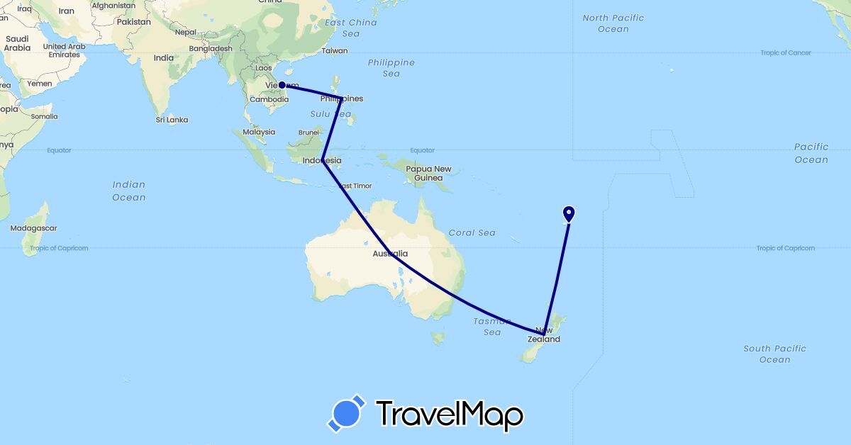 TravelMap itinerary: driving in Australia, Fiji, Indonesia, New Zealand, Philippines (Asia, Oceania)